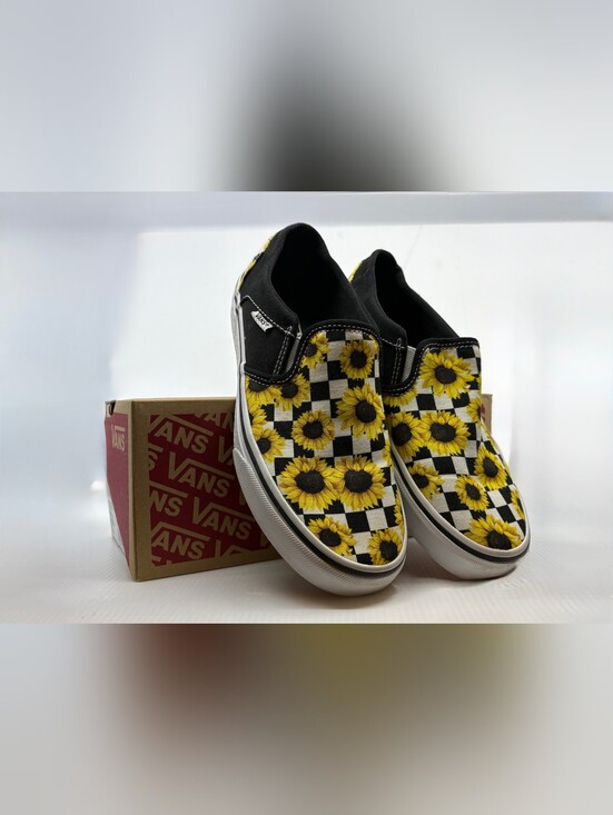 Vans Shoes - Vans  Black and Yellow Sunflower Checkerboard Slip-On Sneakers